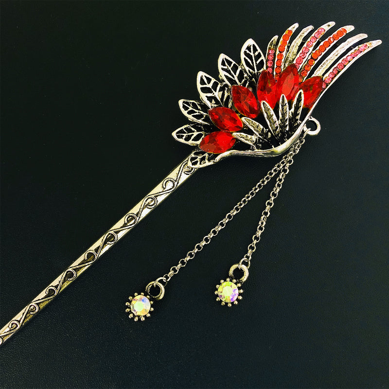 Feather Rhinestone Tassel Hairpin - Retro Hanfu Hair Accessory