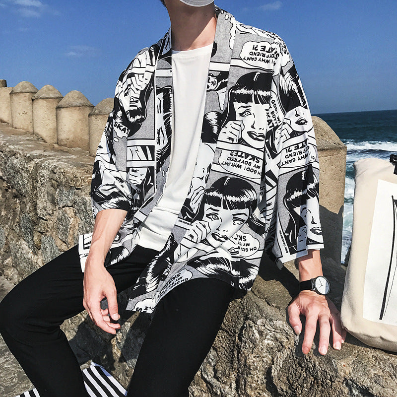 Cartoon Print Kimono Cardigan - 3/4 Sleeve Summer Layer