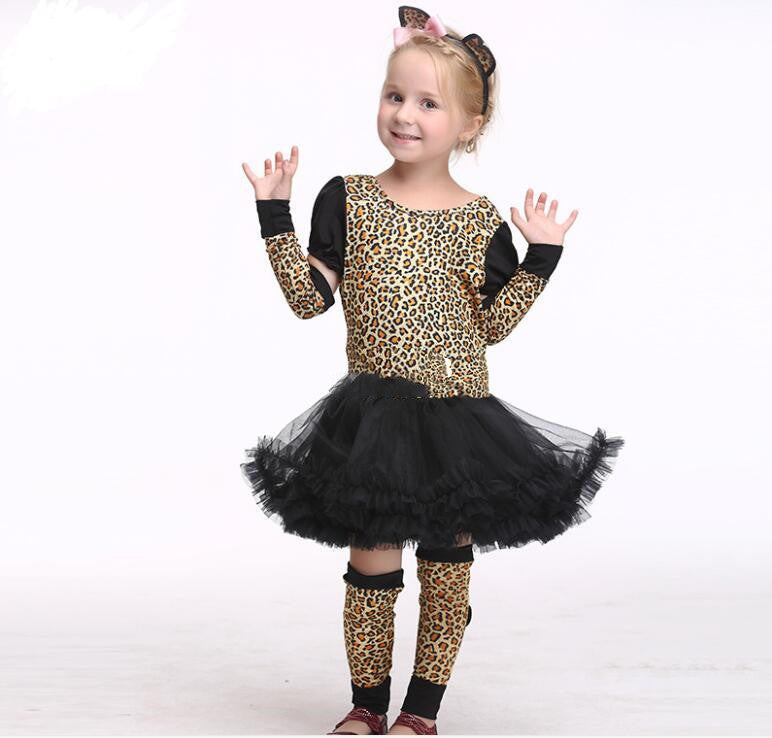 Kids Leopard Cat Costume - Tutu Dress, Ears & Leg Warmers Set