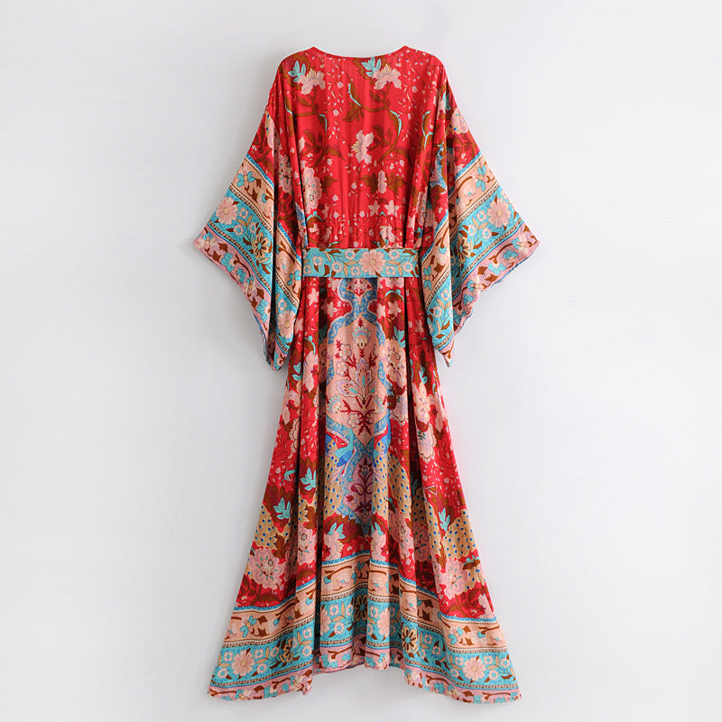 Bohemian Floral Print Maxi Dress - High Waist Kimono Style