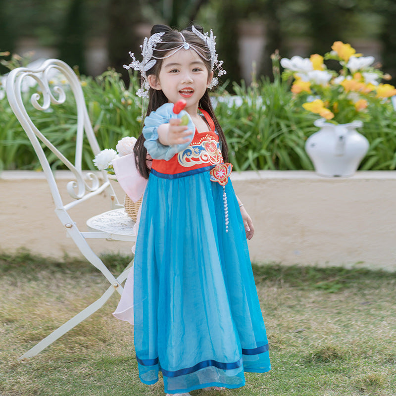 Girls' Hanfu Princess Dress - Modern Summer Polyester Style