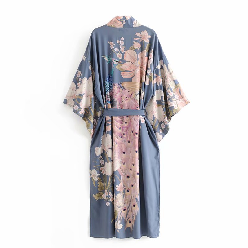 Womens Peacock Floral Kimono Robe - Beach Vacation Cover-Up