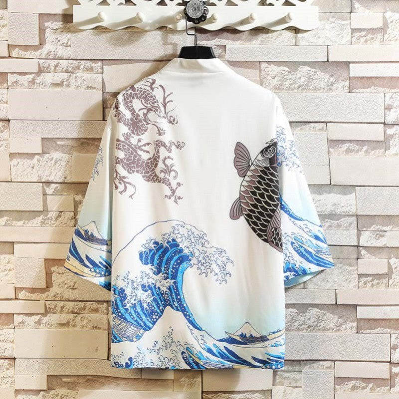 Japanese Kimono Jacket - Three-Quarter Sleeve, Stripe Pattern
