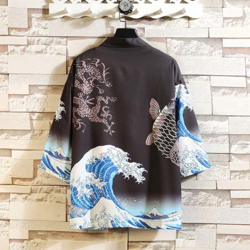 Japanese Kimono Jacket - Three-Quarter Sleeve, Stripe Pattern