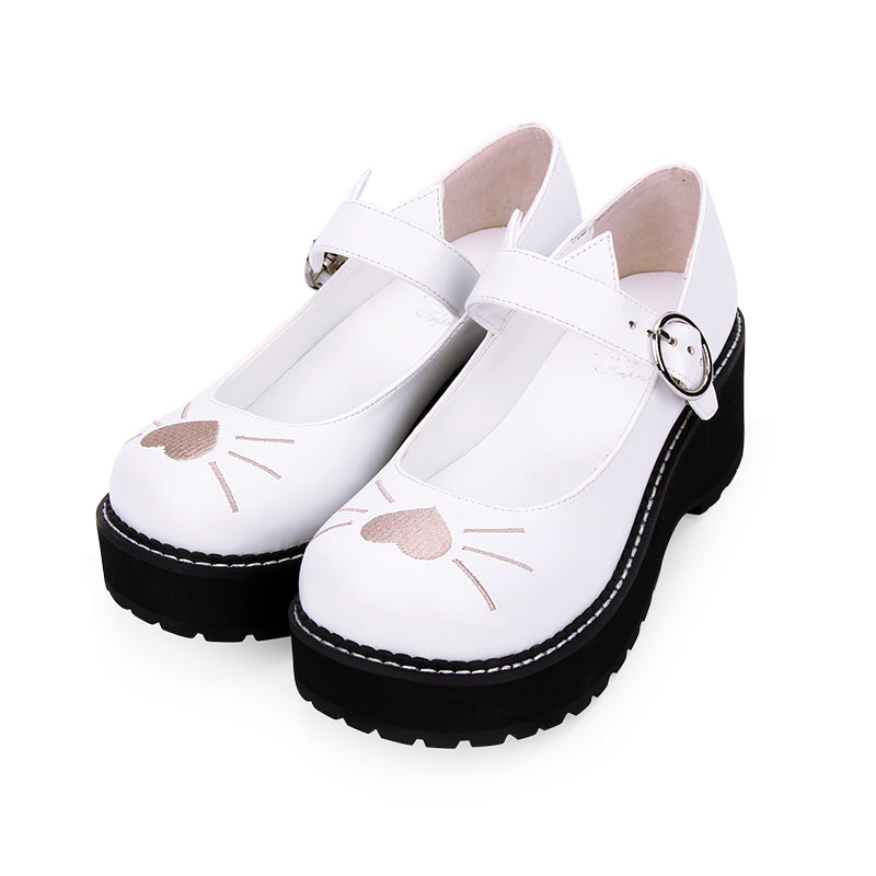 Lolita Cat Embroidered Platform Shoes - Secure Buckle Fit