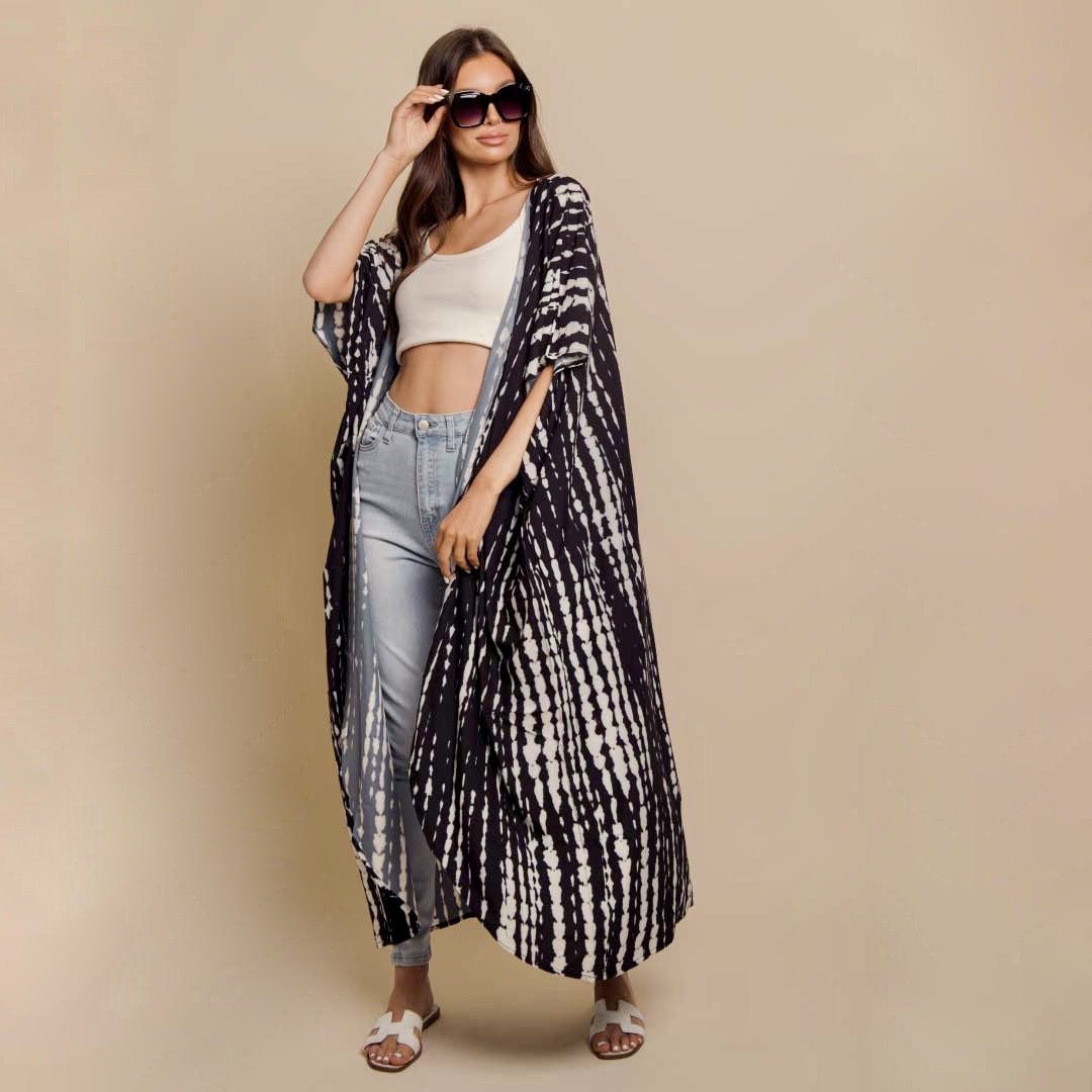 Abstract Print Beach Kimono - Open-Front Cover-Up with Tie