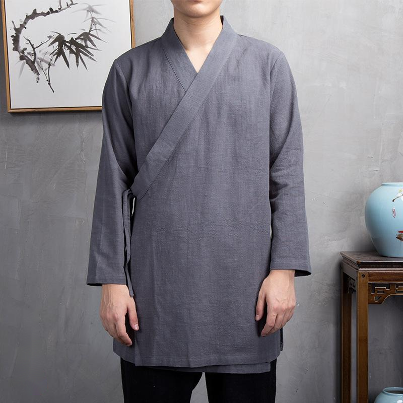 Mid-Length Hanfu Kimono for Men - Linen Temple & Casual Wear