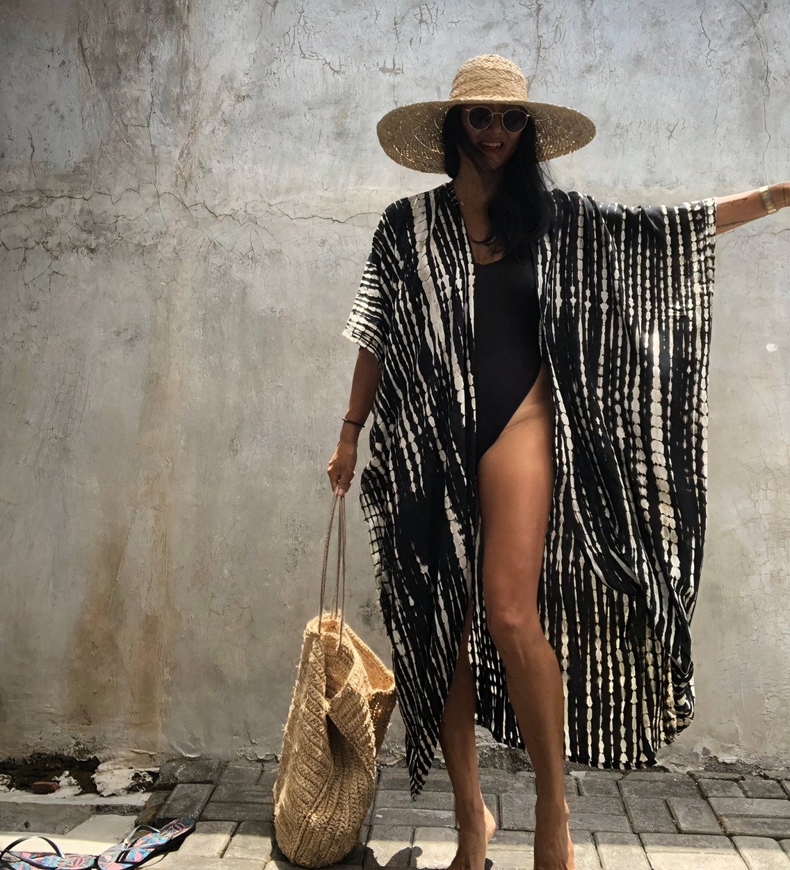 Abstract Print Beach Kimono - Open-Front Cover-Up with Tie
