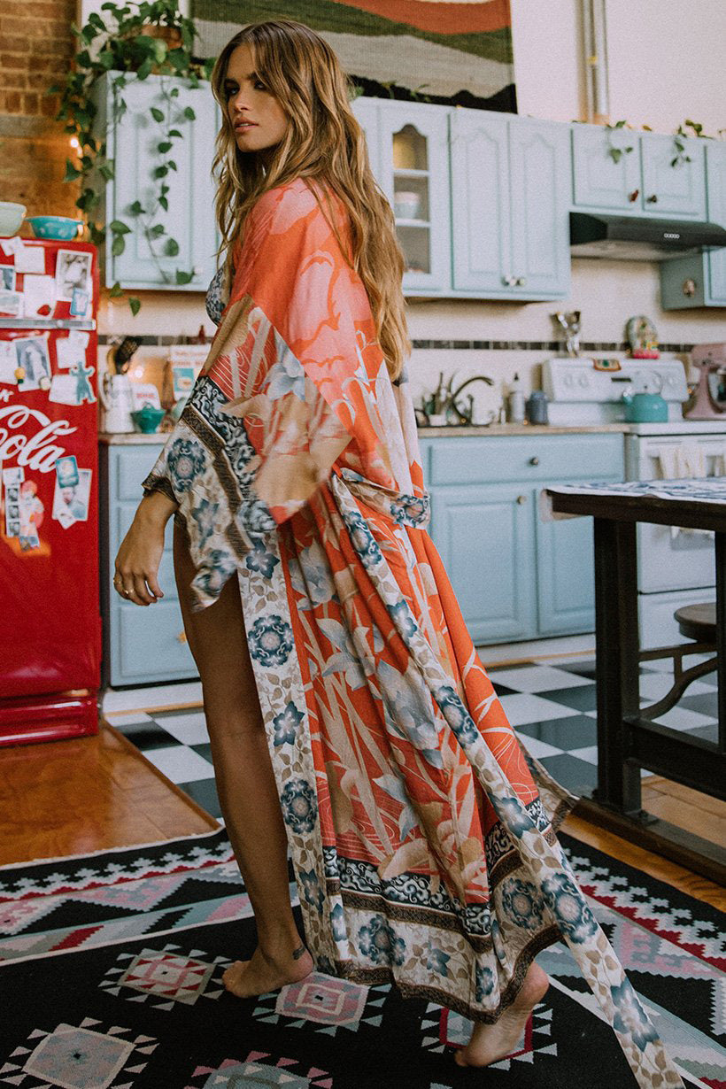 Floral Kimono Beach Cover-Up - Lightweight Rayon Crane Print