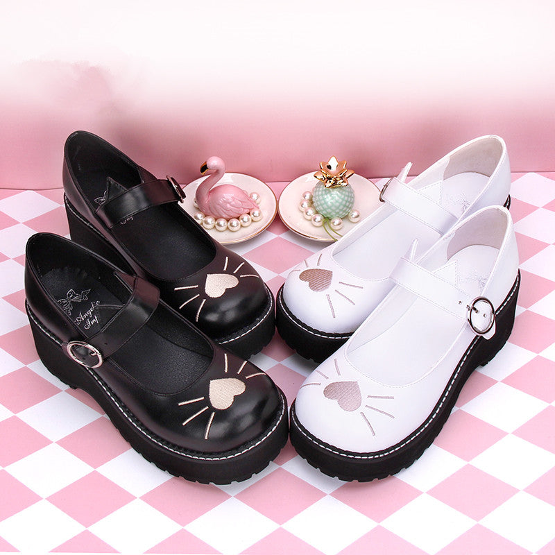 Lolita Cat Embroidered Platform Shoes - Secure Buckle Fit
