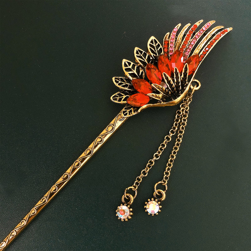Feather Rhinestone Tassel Hairpin - Retro Hanfu Hair Accessory