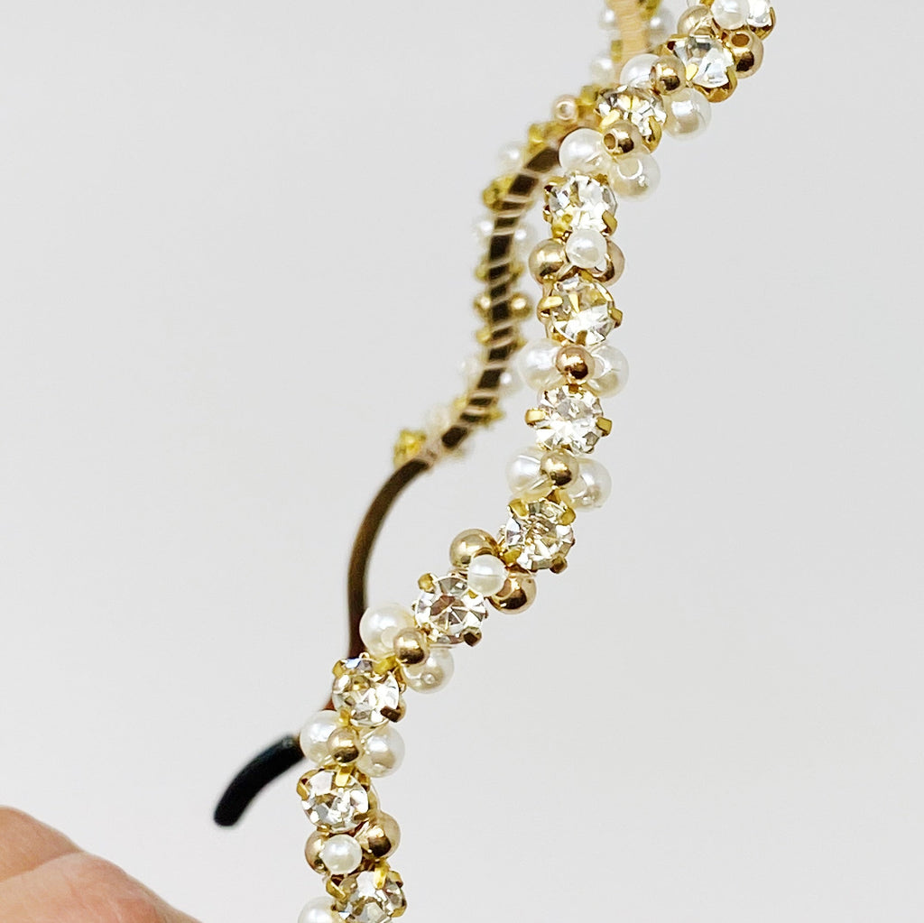 Bedazzled Crystal Headband - Pearl & Crystal Wavy Design