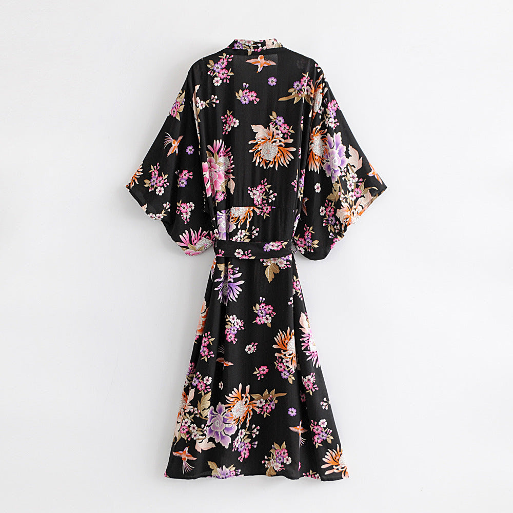 Bohemian Floral Print Kimono Robe - Soft Cotton for Women