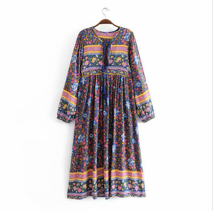 Bohemian Floral Print Maxi Dress - High Waist Kimono Style