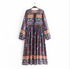 Bohemian Floral Print Maxi Dress - High Waist Kimono Style