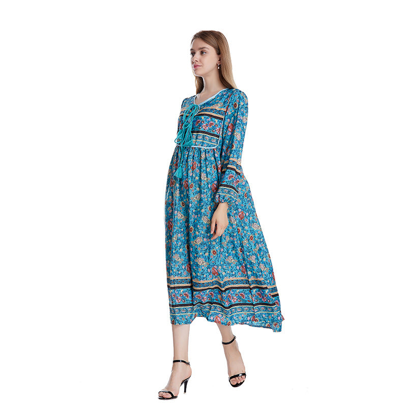 Bohemian Floral Print Maxi Dress - High Waist Kimono Style