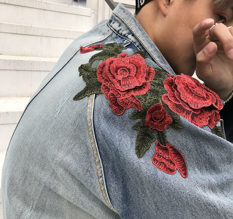 3D Rose Embroidered Vintage Ripped Denim Jacket - front view