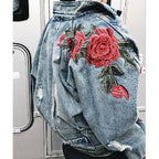 3D Rose Embroidered Vintage Ripped Denim Jacket - side view