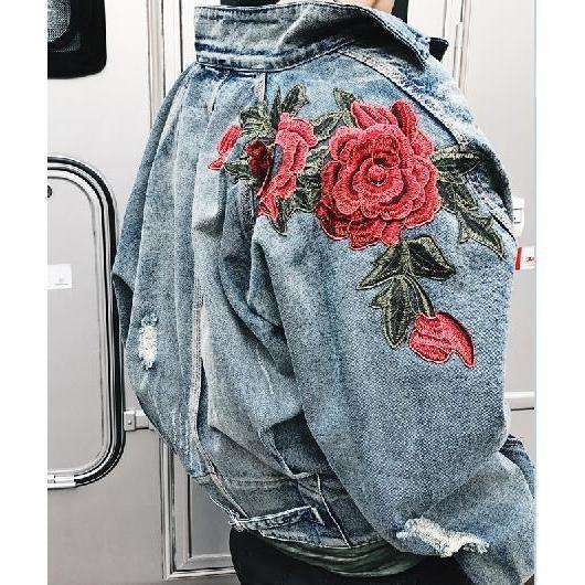 3D Rose Embroidered Vintage Ripped Denim Jacket - side view