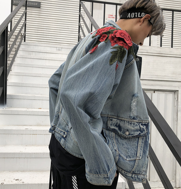 3D Rose Embroidered Vintage Ripped Denim Jacket - styled view