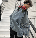 3D Rose Embroidered Vintage Ripped Denim Jacket - styled view