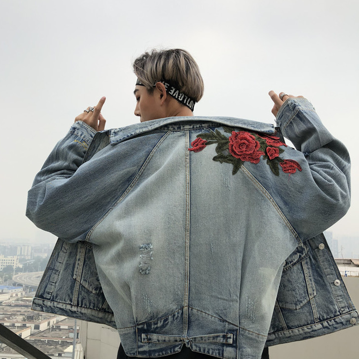 3D Rose Embroidered Vintage Ripped Denim Jacket - alternate angle