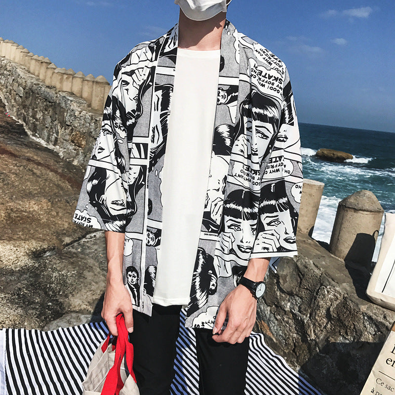 Cartoon Print Kimono Cardigan - 3/4 Sleeve Summer Layer