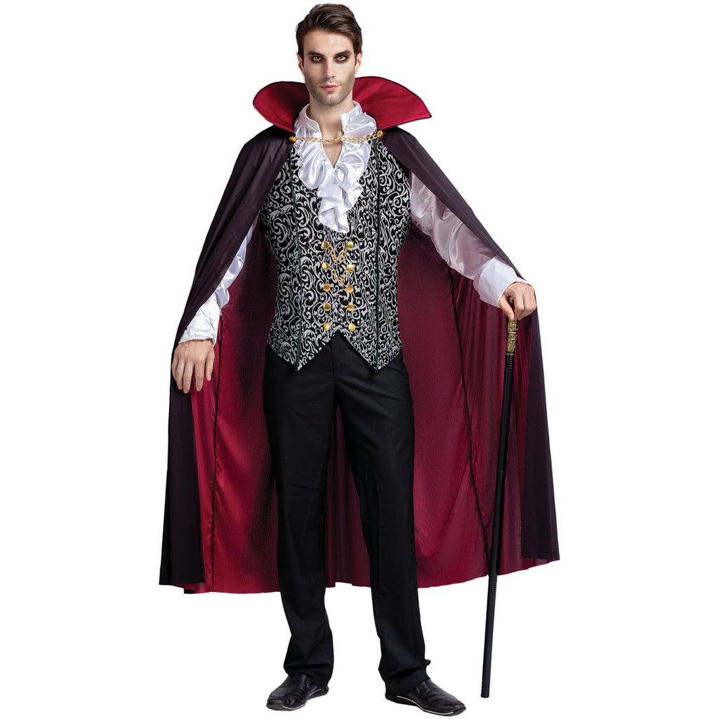 Adult Vampire Costume With Cape - Victorian Goth Shirt & Cane