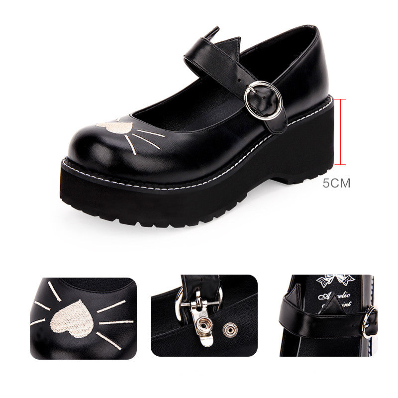 Lolita Cat Embroidered Platform Shoes - Secure Buckle Fit