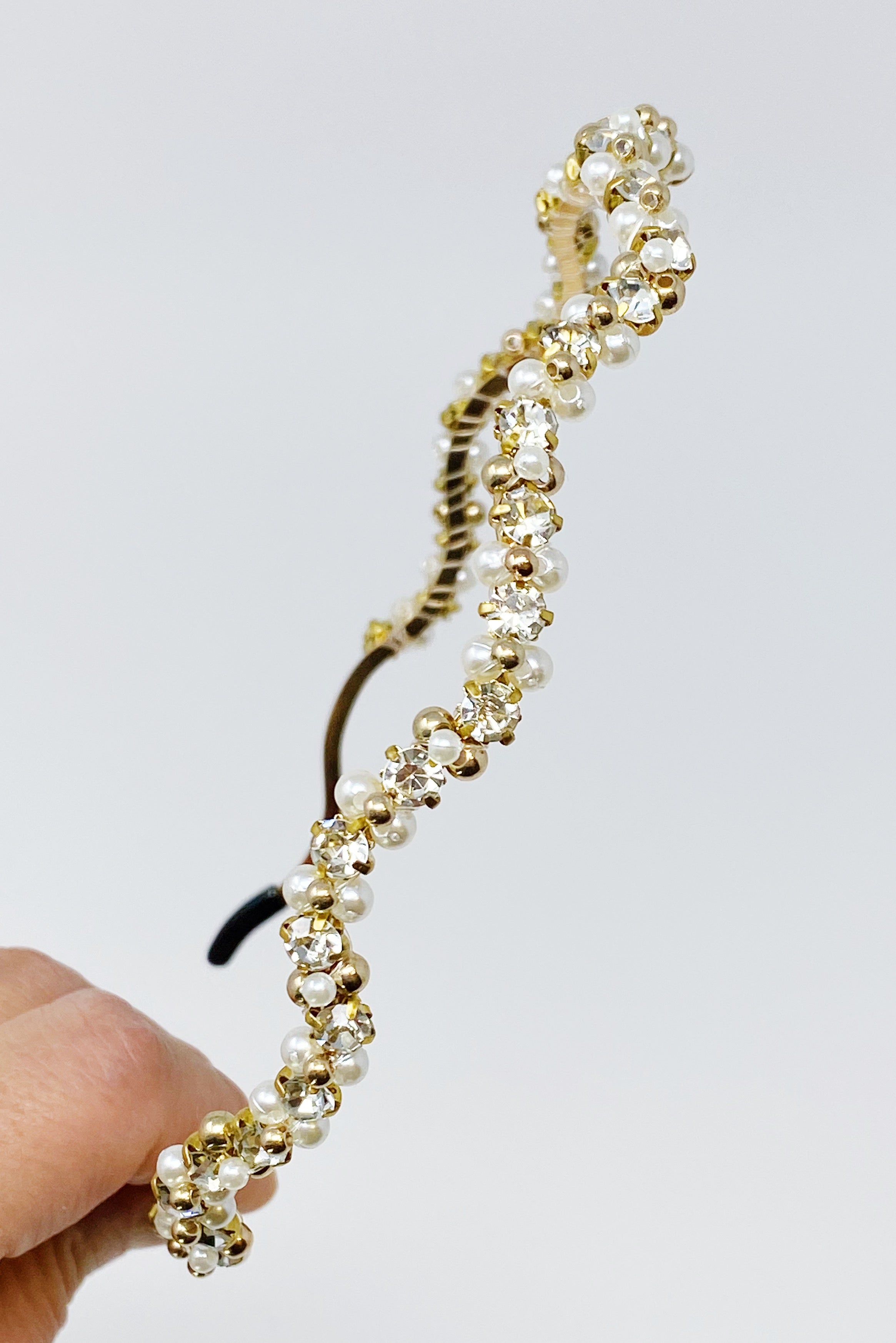 Bedazzled Crystal Headband - Pearl & Crystal Wavy Design