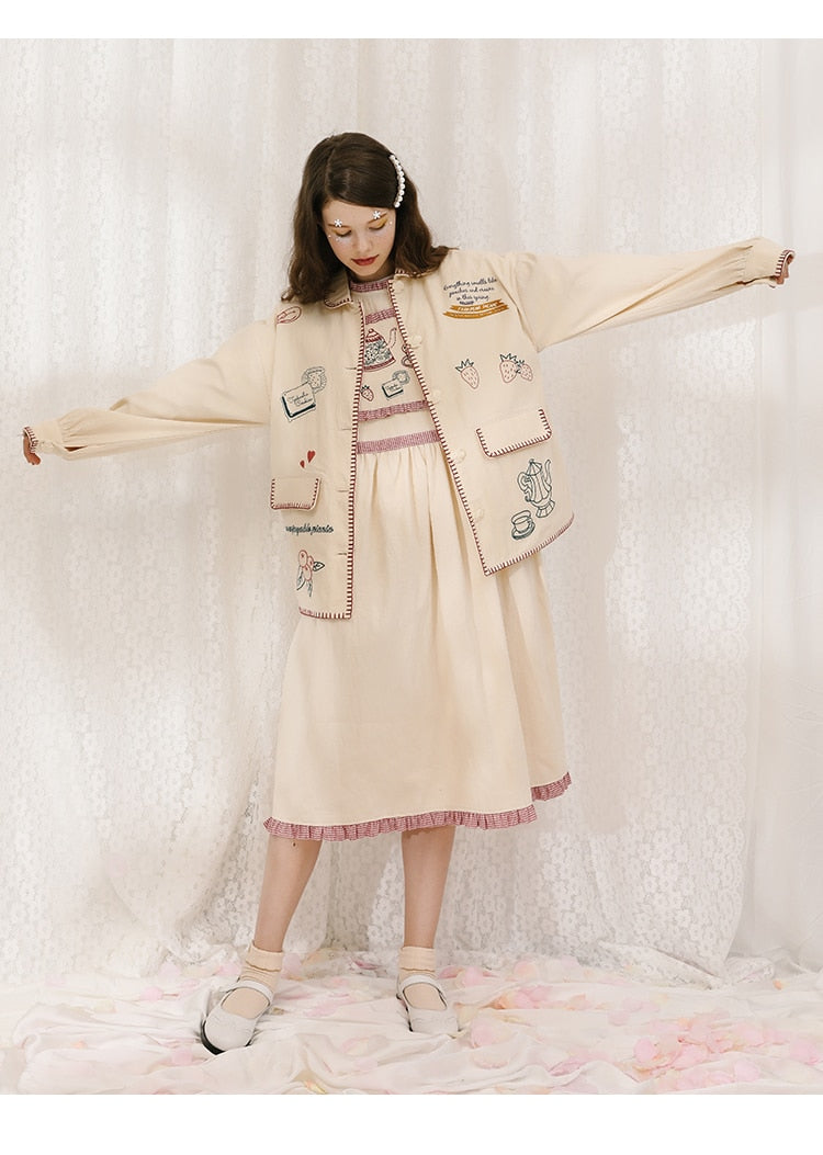 Japanese Strawberry Cat Embroidered Double Pocket Jacket