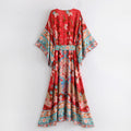 Bohemian Floral Print Maxi Dress - High Waist Kimono Style