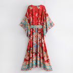 Bohemian Floral Print Maxi Dress - High Waist Kimono Style