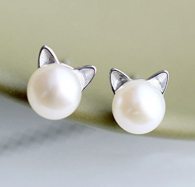 Cat Ear Stud Earrings with Pearl Accents - Kawaii Jewelry