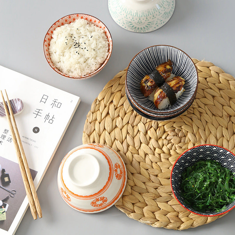 5-Inch Japanese Glazed Ceramic Threaded Rice Bowl - front view
