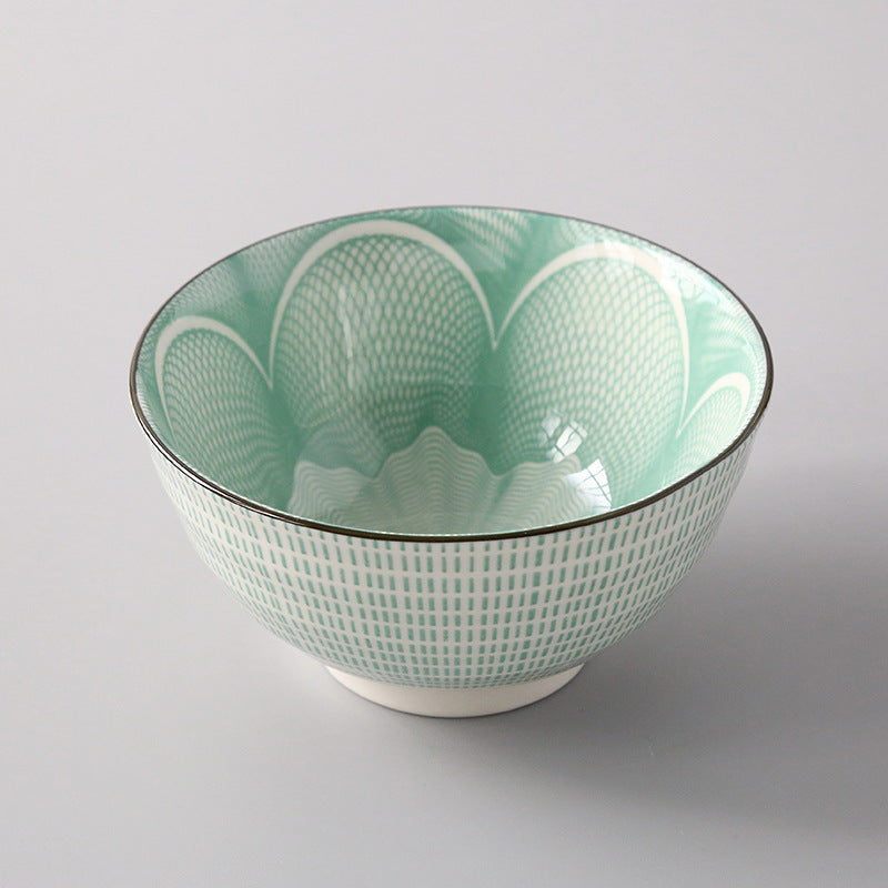 5-Inch Japanese Glazed Ceramic Threaded Rice Bowl - front view