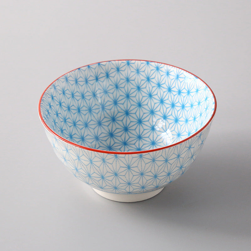 5-Inch Japanese Glazed Ceramic Threaded Rice Bowl - detail view