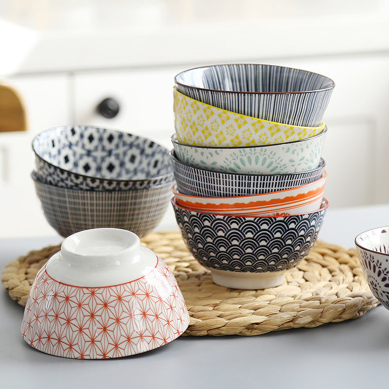 5-Inch Japanese Glazed Ceramic Threaded Rice Bowl - detail view