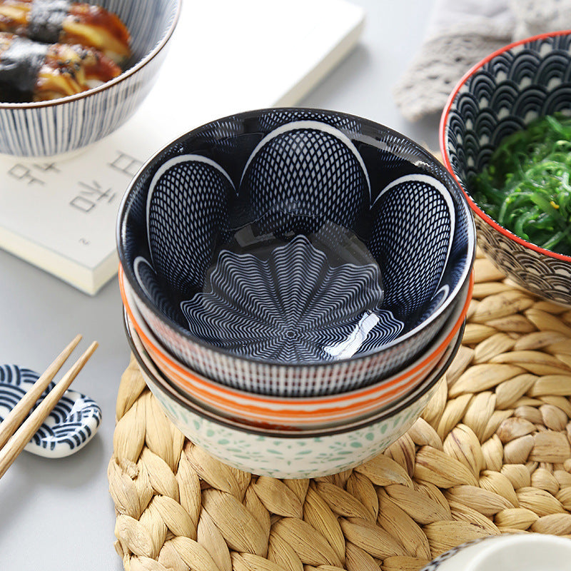 5-Inch Japanese Glazed Ceramic Threaded Rice Bowl - back view