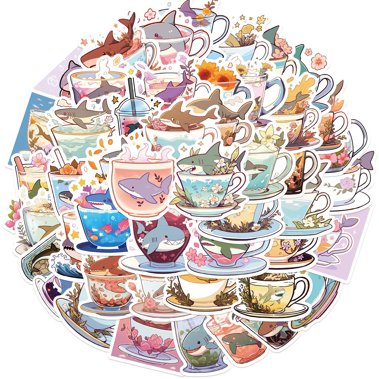 50Pc Kawaii Shark Sticker Pack - Waterproof Vinyl Decals for Water Bottles, Laptops and - front view
