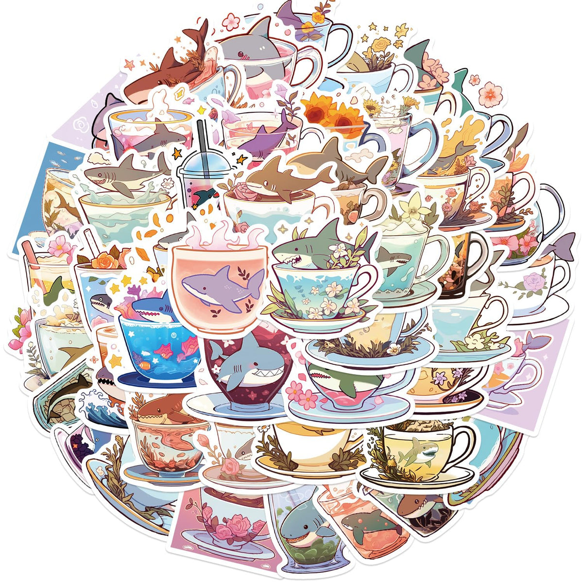 50Pc Kawaii Shark Sticker Pack - Waterproof Vinyl Decals for Water Bottles, Laptops and - detail view