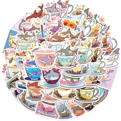 50Pc Kawaii Shark Sticker Pack - Waterproof Vinyl Decals for Water Bottles, Laptops and - detail view