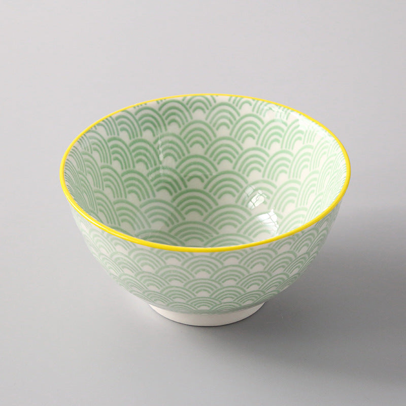 5-Inch Japanese Glazed Ceramic Threaded Rice Bowl