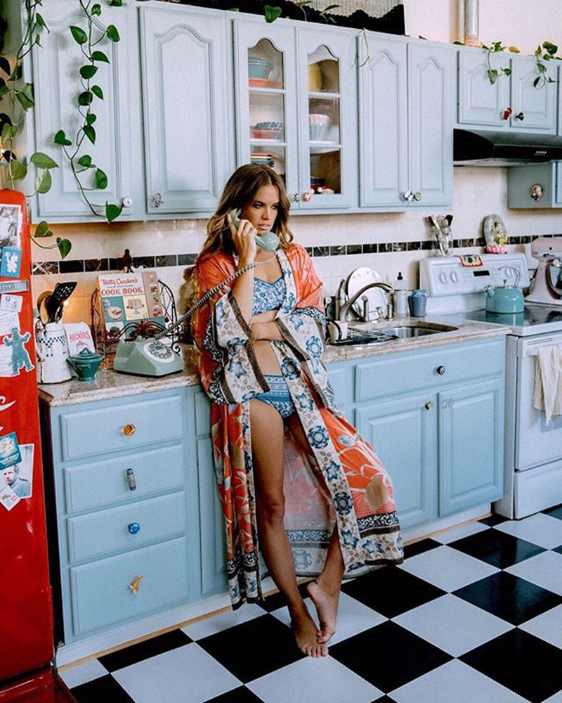 Floral Kimono Beach Cover-Up - Lightweight Rayon Crane Print