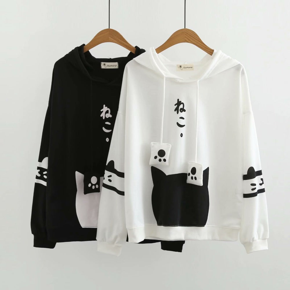 Harajuku Kawaii Cat Ear Hoodie - Pullover With Paw Details