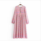 Bohemian Floral Print Maxi Dress - High Waist Kimono Style
