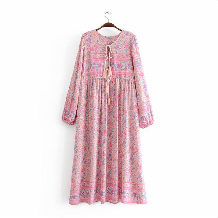 Bohemian Floral Print Maxi Dress - High Waist Kimono Style