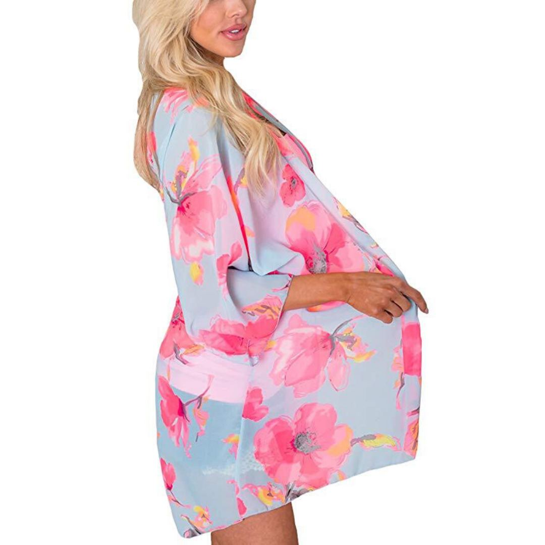 Flamingo Print Kimono Blouse - Loose Open-Front Polyester