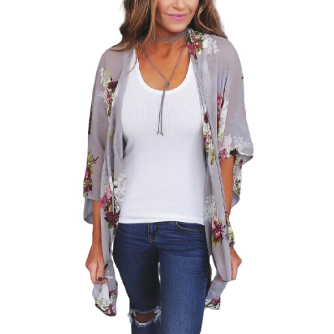Flower Print Kimono - Loose Polyester Open Blouse Layer