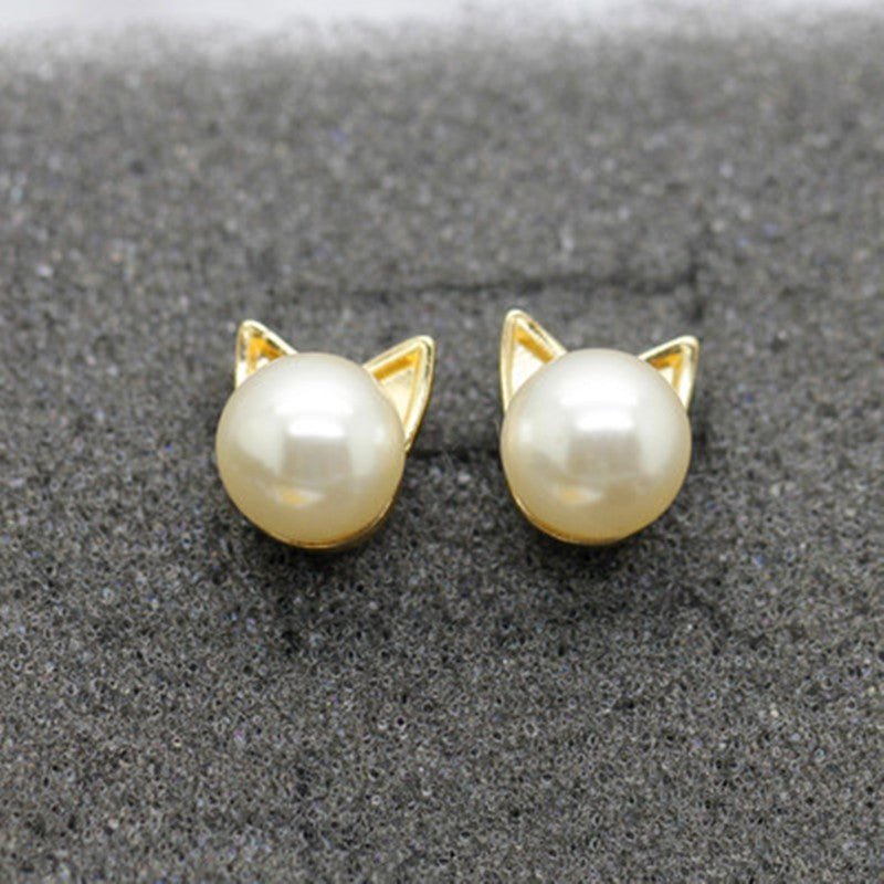 Cat Ear Stud Earrings with Pearl Accents - Kawaii Jewelry